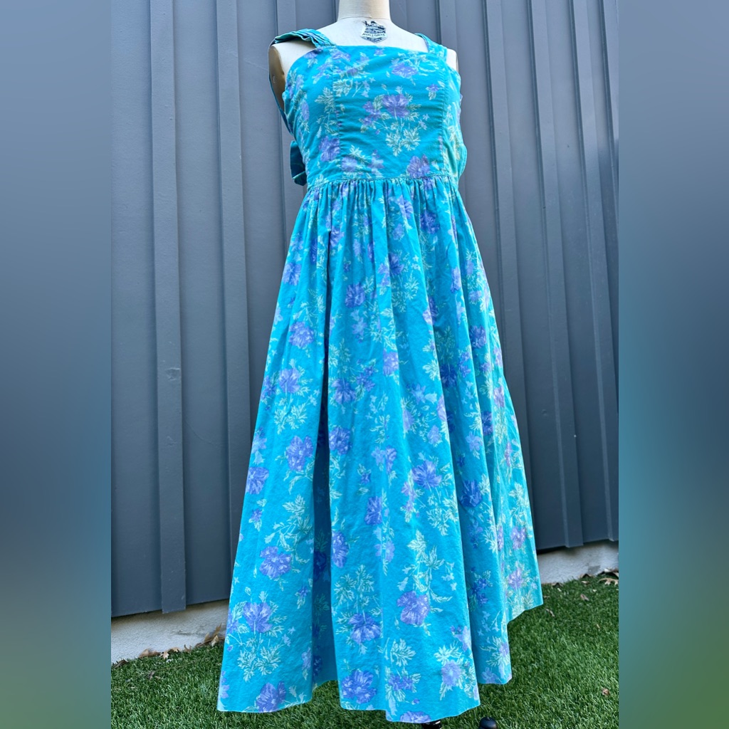 Laura Ashley 1980s Vintage Blue Green Floral Bow Back Sleeveless Dress- Vtg Sz 8